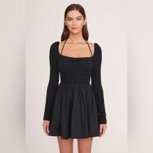 New Staud black Cassidy smocked mini dress